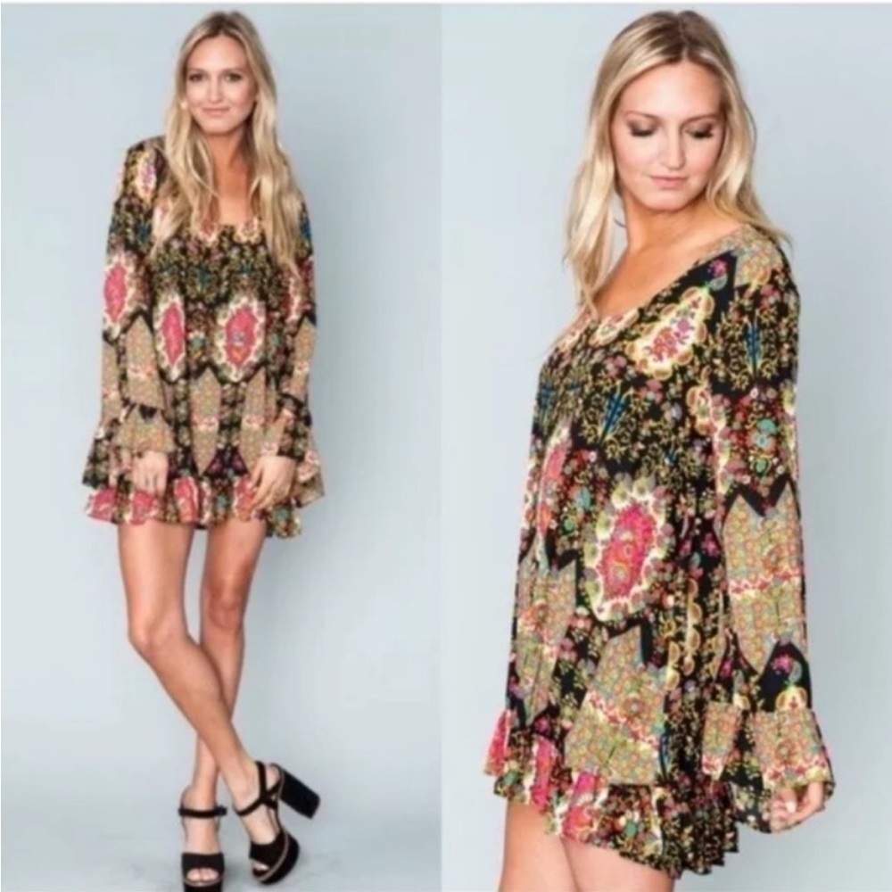 Show Me your Mumu Margot black patterned bell sleeve boho mini dress size small - Picture 2 of 8